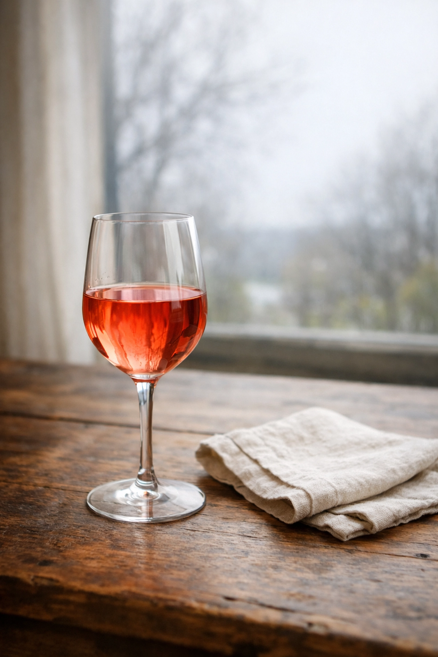 A glass of vibrant dry rosé wine on a rustic table during a cozy spring day indoors.