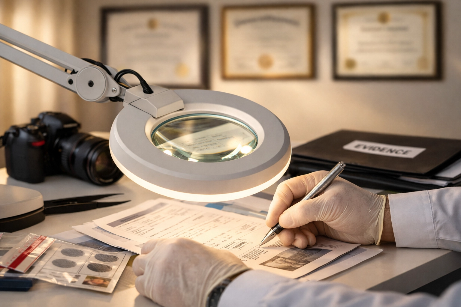 Forensic expert examining investigation evidence under magnification