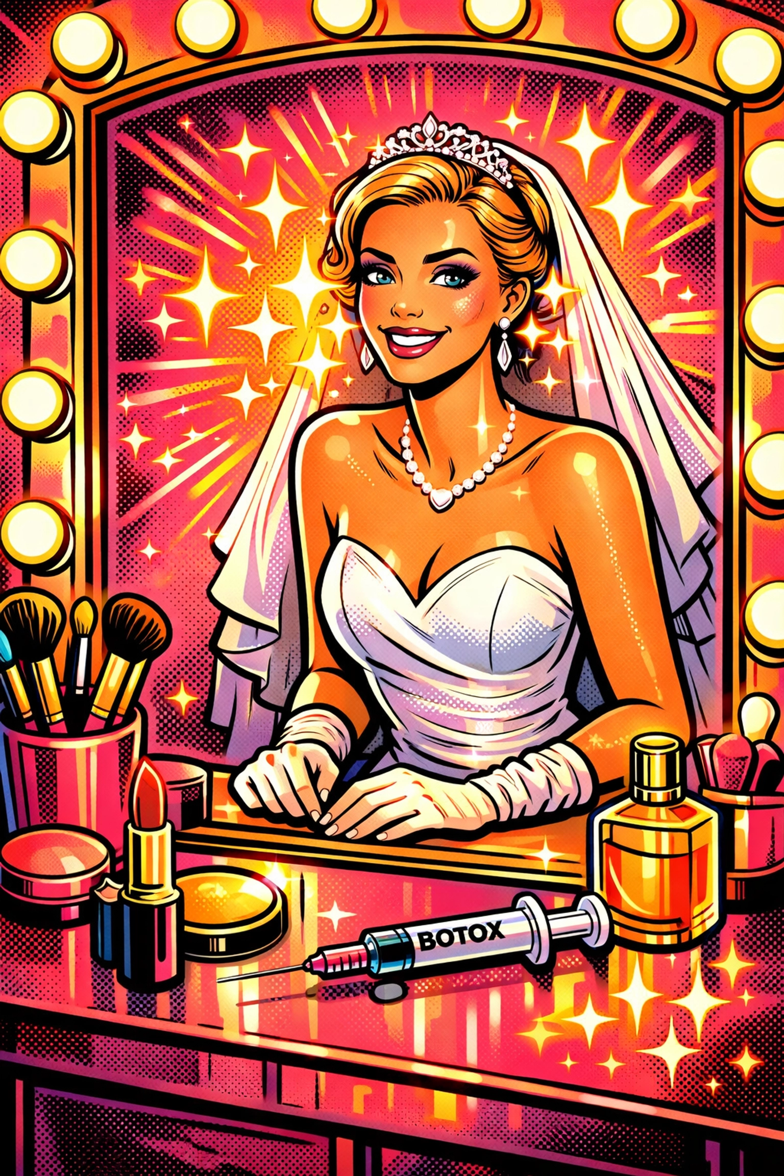 Bride preparing for wedding with pre-wedding Botox treatment and beauty products at vanity mirror