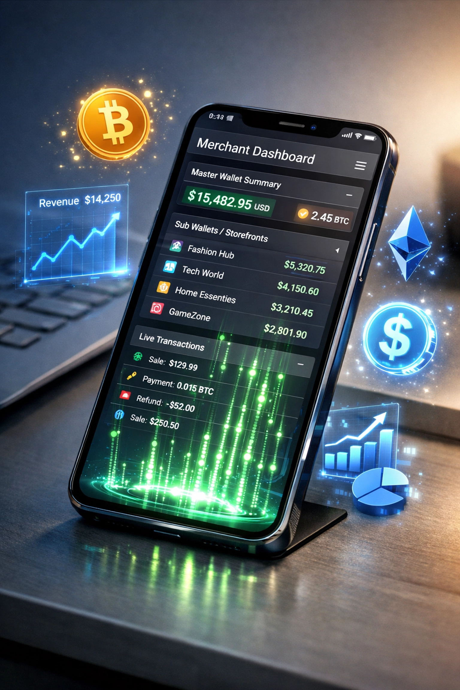 Larecoin merchant dashboard showing master wallet architecture and crypto payment management