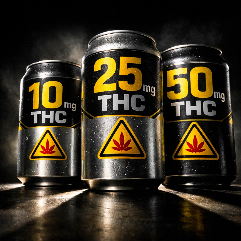 High-dose THC beverage cans showing 10mg, 25mg, and 50mg potency levels in dramatic lighting