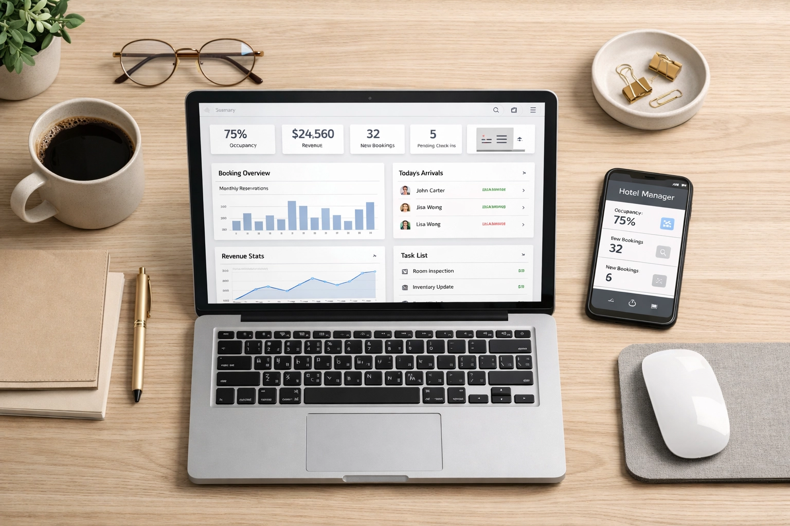 Hotel management dashboard on laptop showing cloud-native PMS automation tools