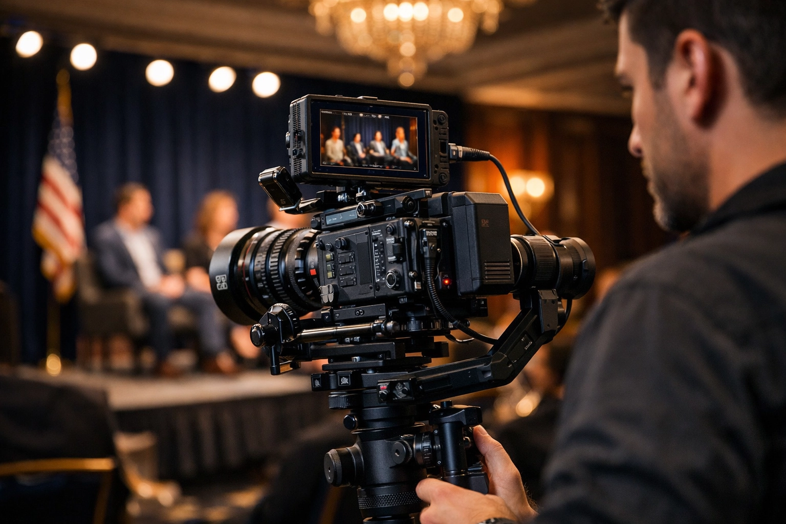 Corporate event videographer filming a panel discussion using professional conference videography equipment.