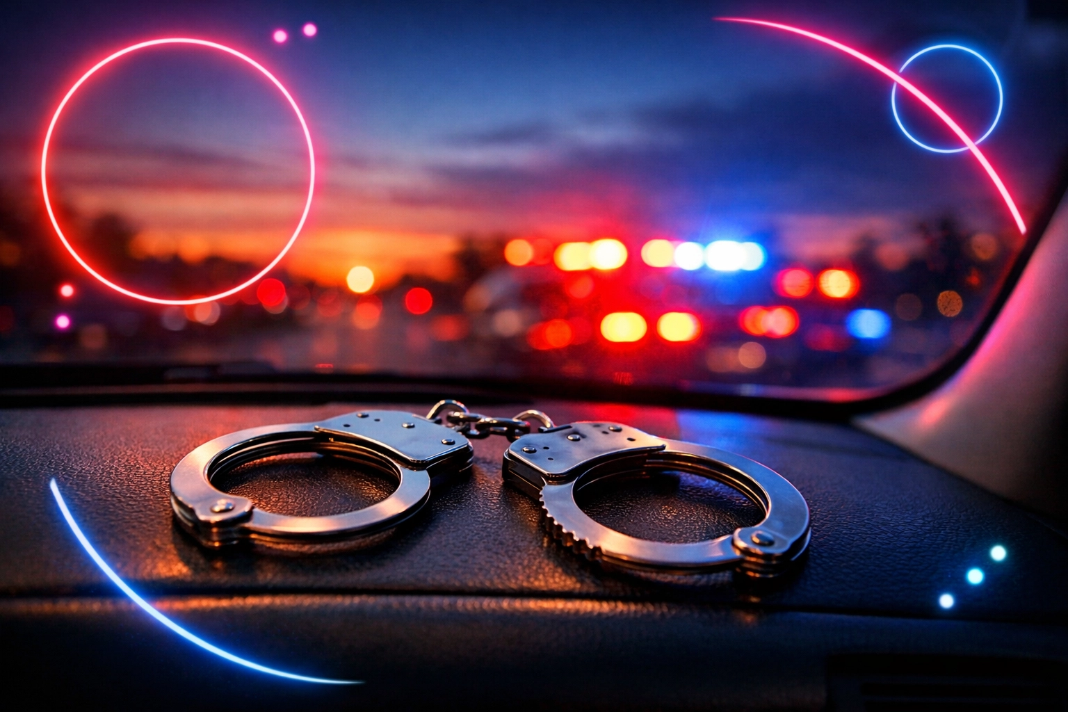 Handcuffs on car dashboard with police lights depicting wrongful arrest and racial profiling