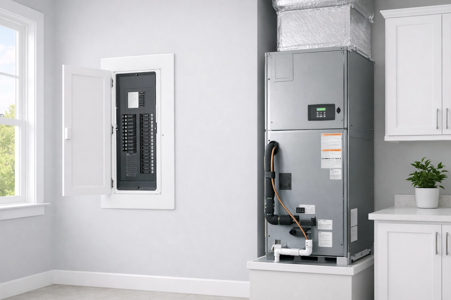 Modern 200-amp electrical panel installed next to an HVAC system, showcasing integrated trade services in Florida.