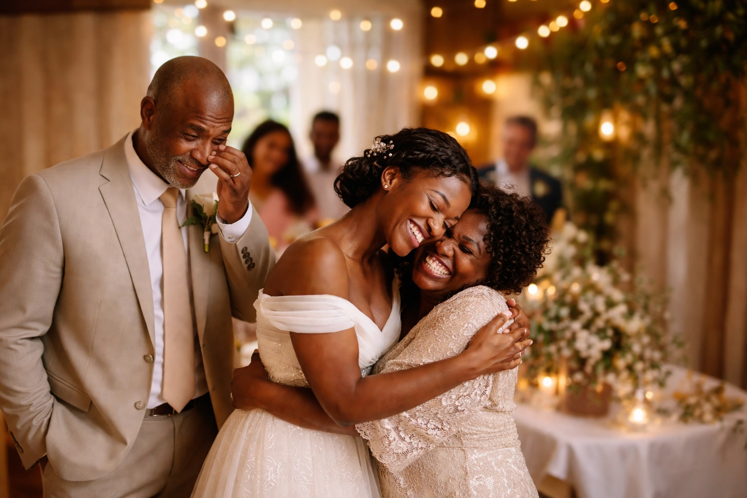 Multigenerational family sharing heartfelt embrace at a cozy intimate wedding with diverse guests and romantic string lights