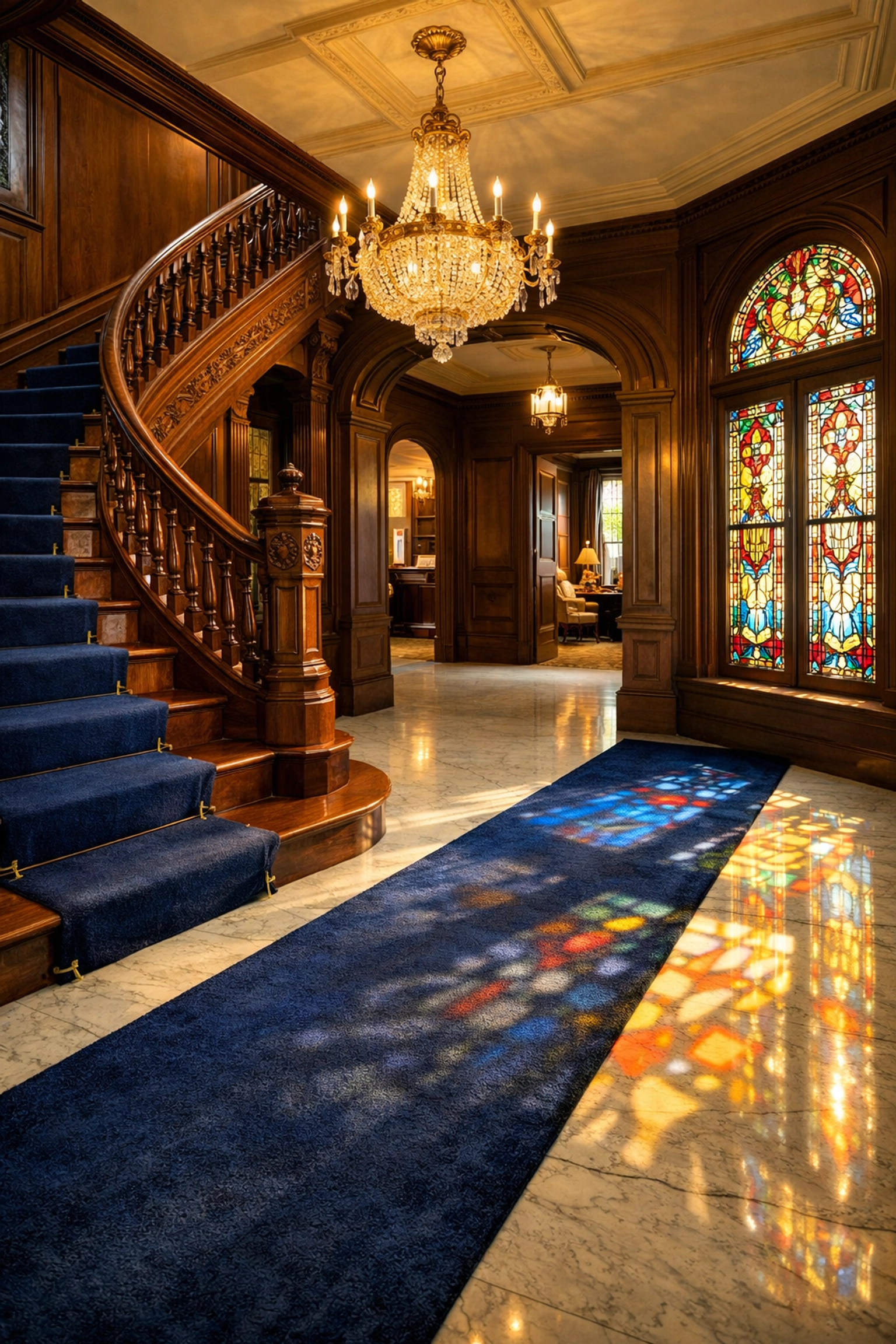 A pristine historic foyer with a polished mahogany staircase, showcasing expert luxury house cleaning in Newton MA.