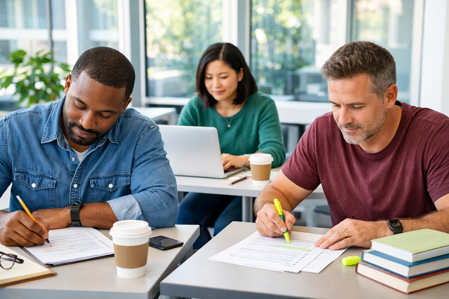 Adult students taking CLEP practice tests in modern study space with focused preparation