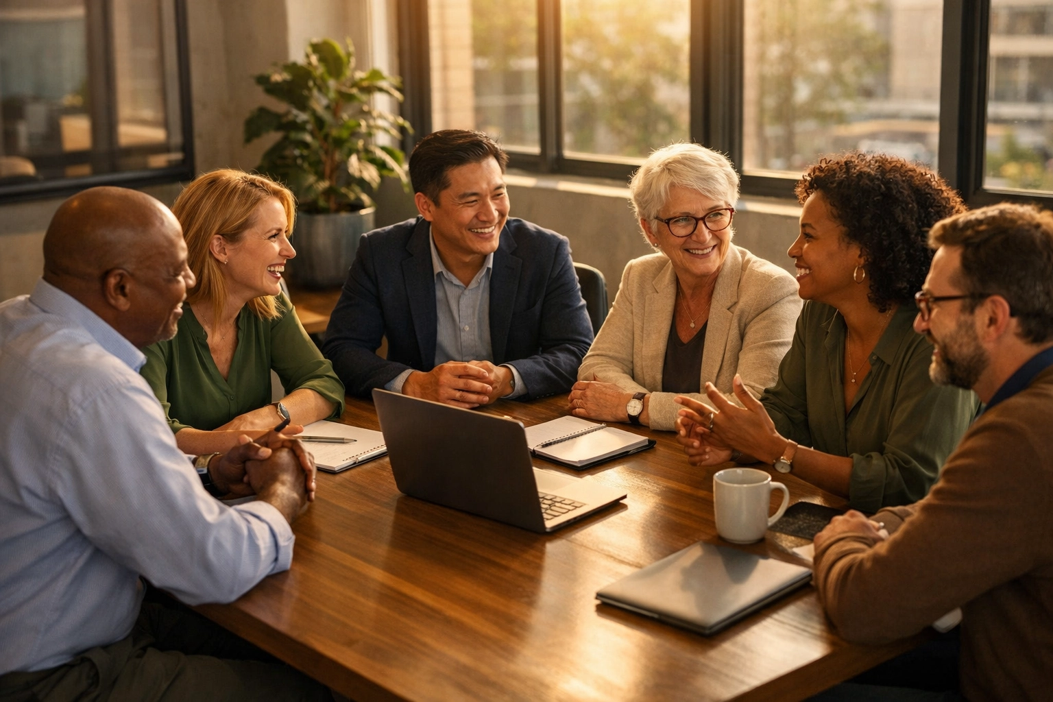 Diverse leadership team engaged in collaborative meeting demonstrating regulated nervous systems