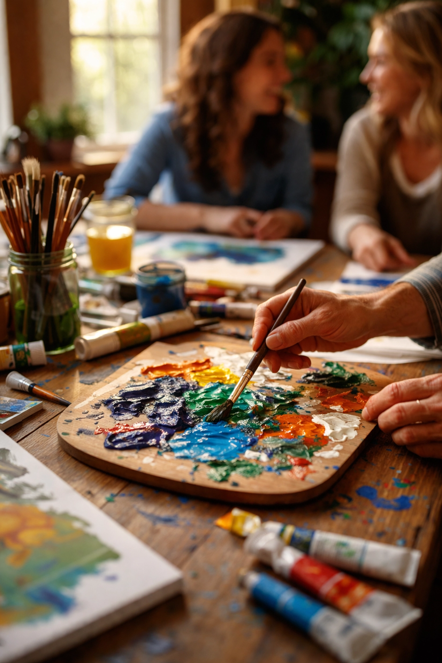 Close-up of hands blending vibrant paints in an art workshop, capturing genuine team engagement and relaxed social connection.