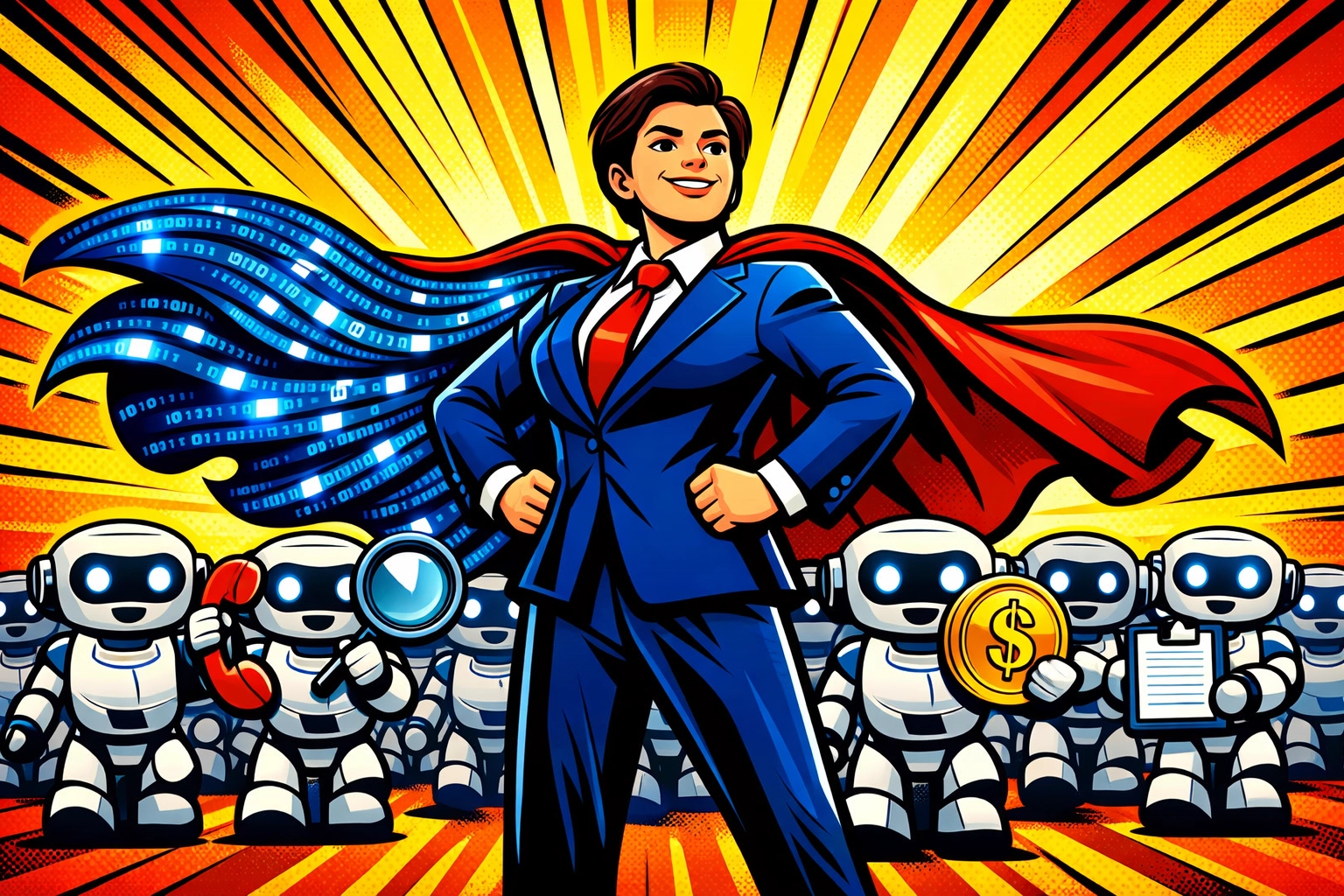 Successful business owner leading a team of AI virtual assistants to automate customer support.