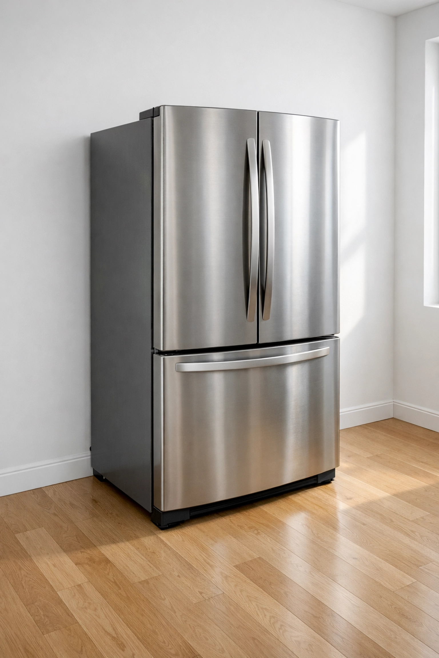 Professional apartment move-out cleaning showing a pristine floor behind a pulled-out refrigerator.