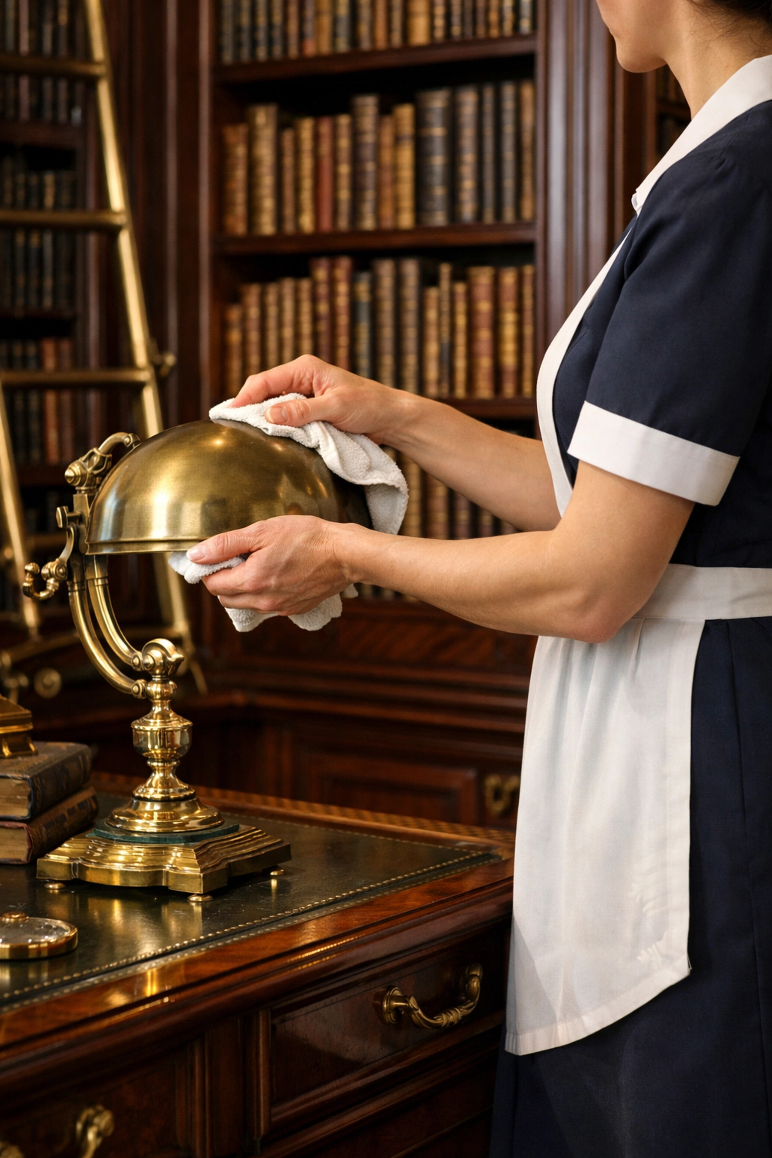 Professional cleaners MA hand-polishing antique brass fixtures in a luxury library estate.