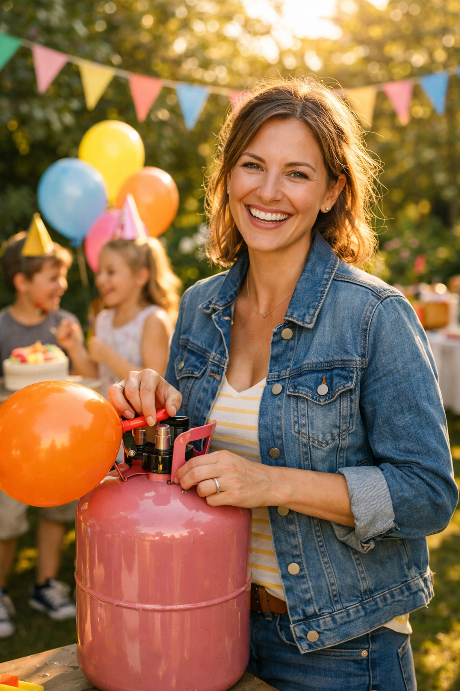 Woman inflating balloons with disposable helium gas bottle at children's birthday party