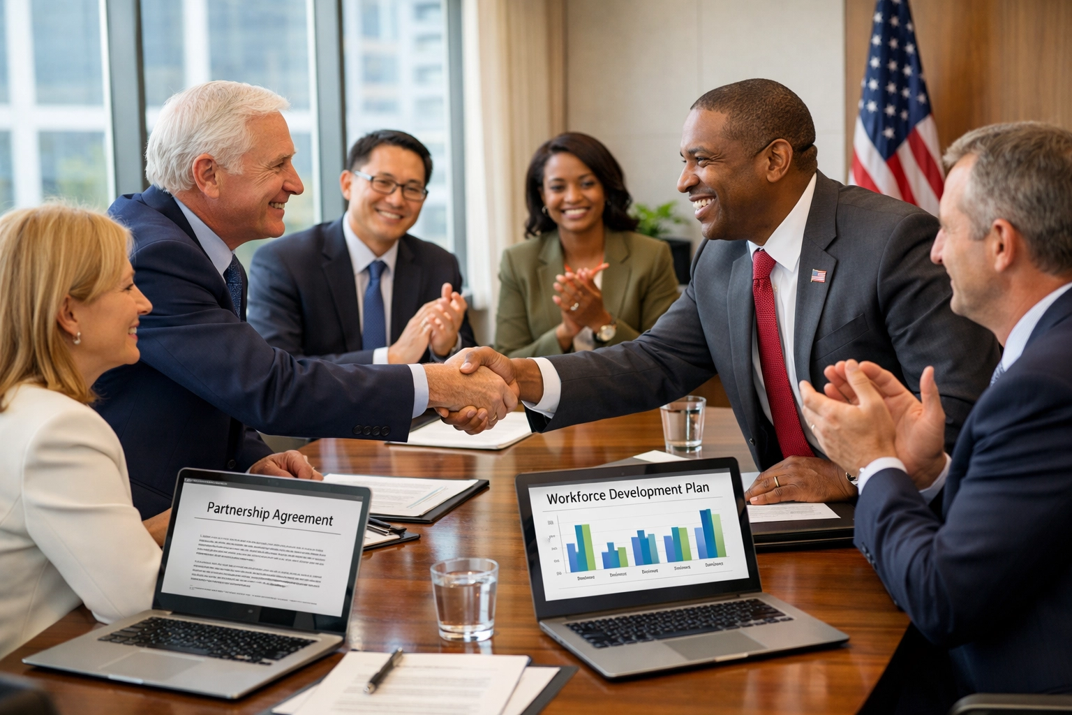 Business executives and government officials collaborating on workforce development partnerships
