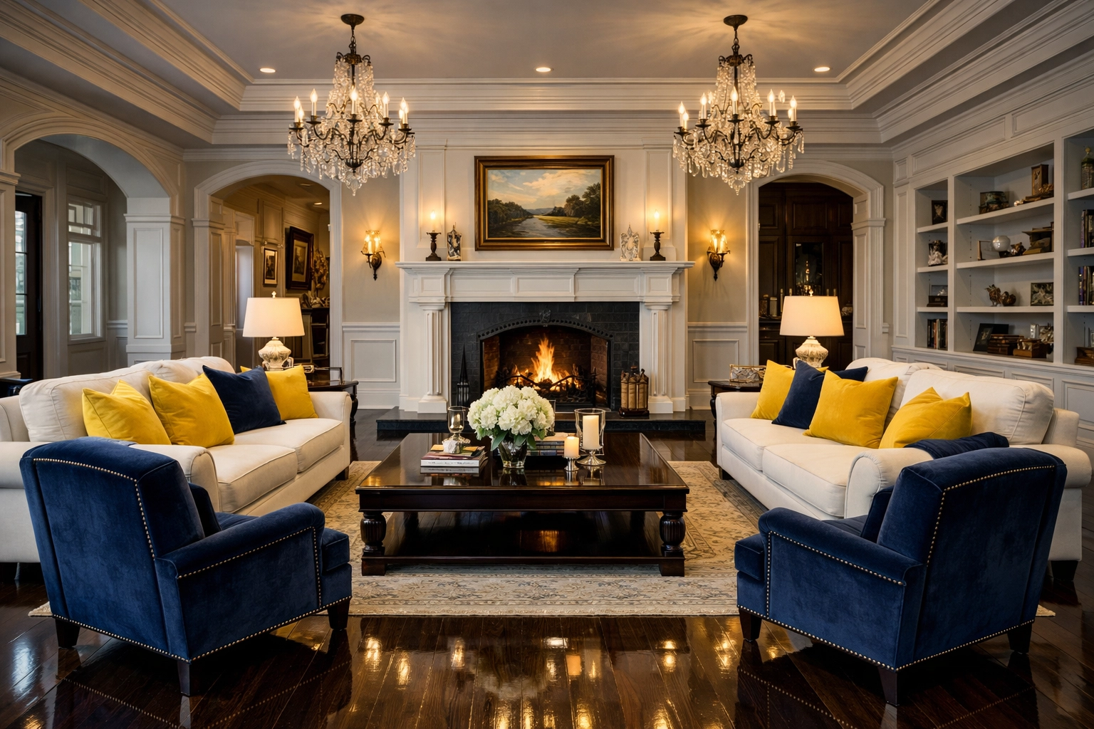 Professional residential cleaning in a grand Dover estate living room with spotless hardwood floors.