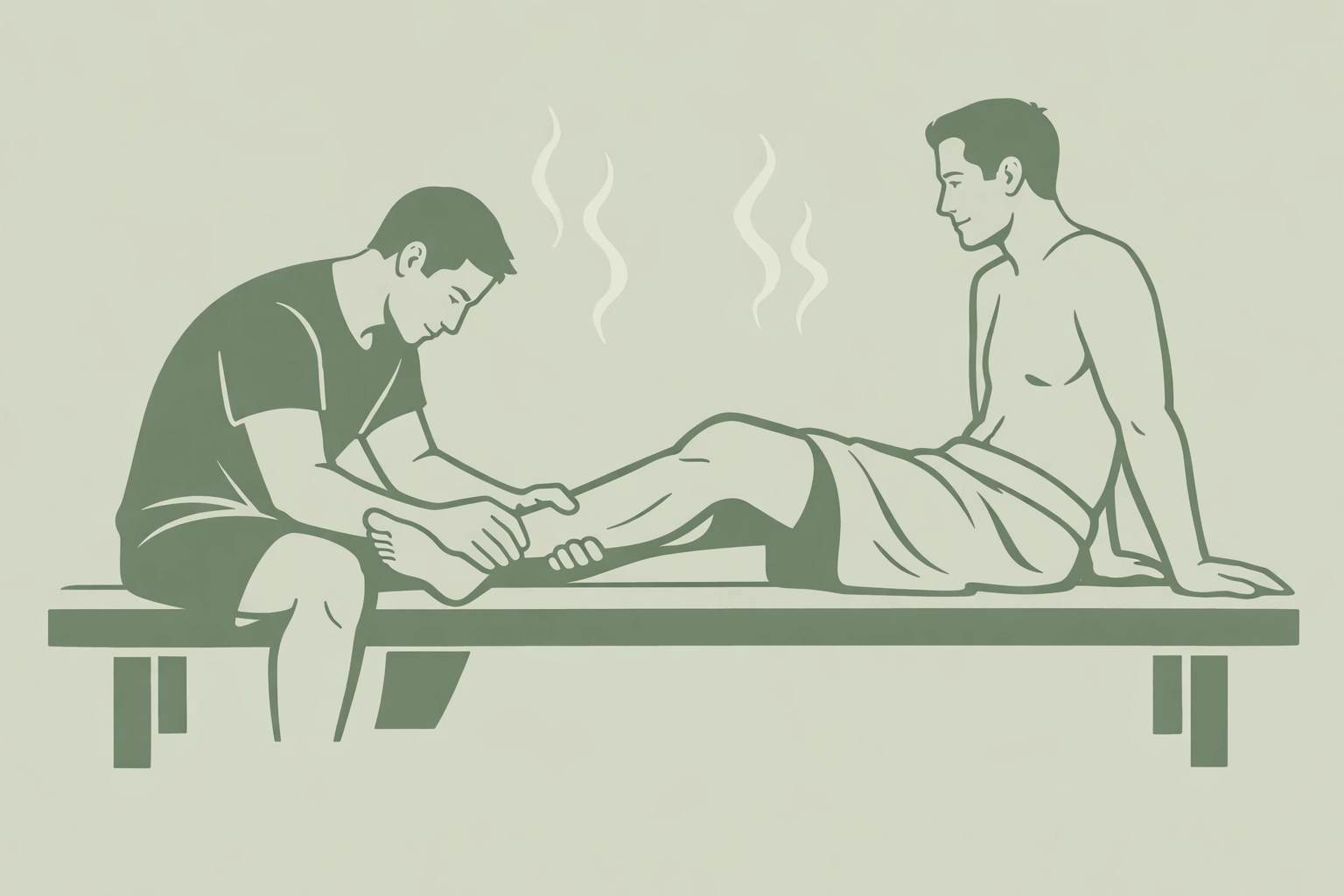 MM massage exchange focusing on feet and legs in sauna environment with steam