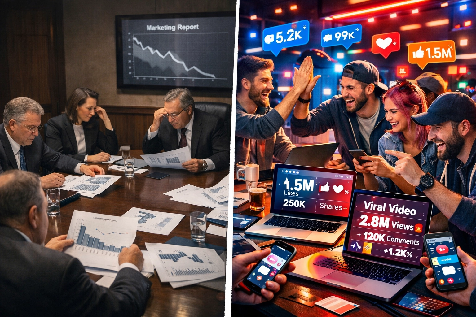 Traditional Fortune 1000 marketing team versus modern digital marketing strategy during Super Bowl campaign