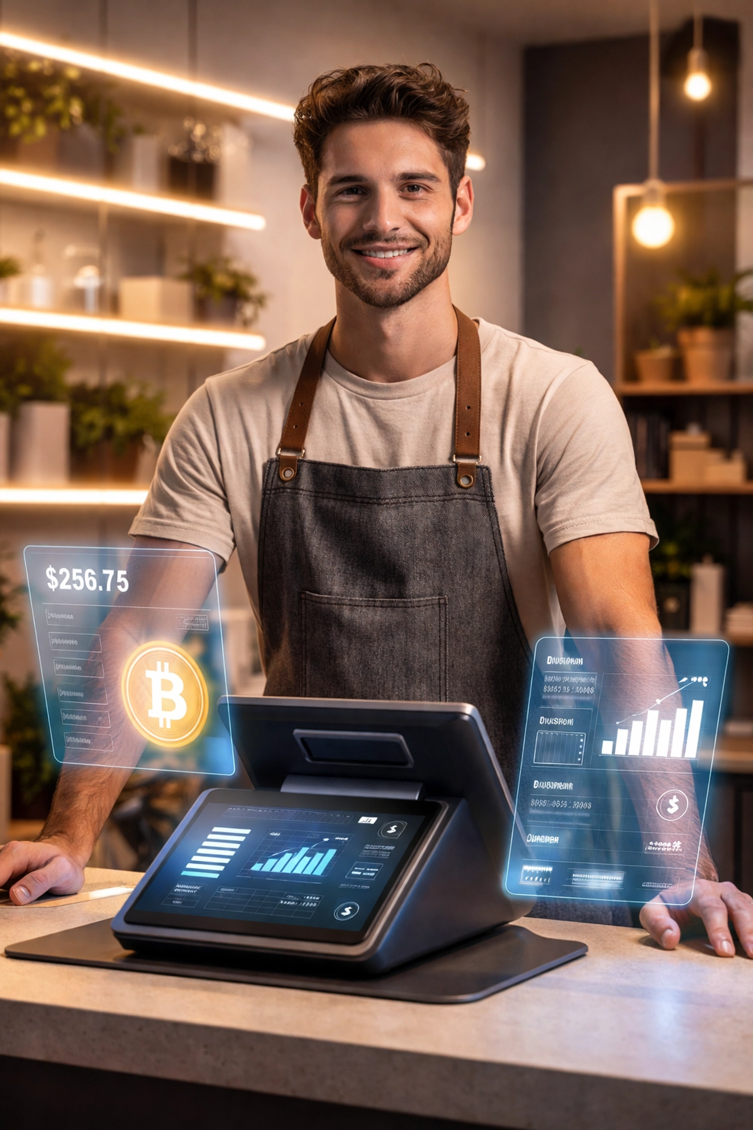 Modern shop owner using crypto POS system with holographic receipts, showcasing seamless Larecoin transaction settlement.