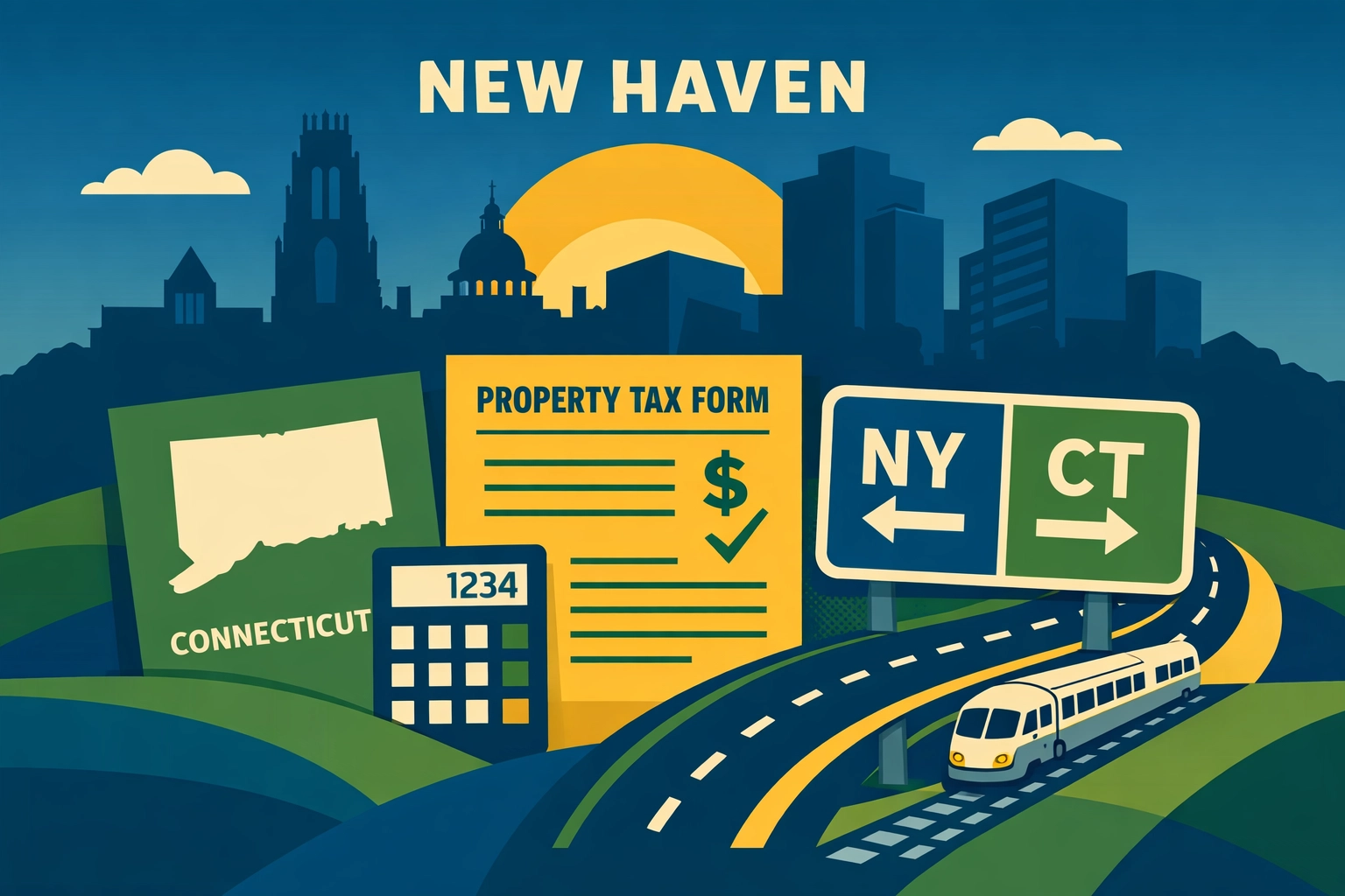 New Haven Connecticut skyline with state tax documents