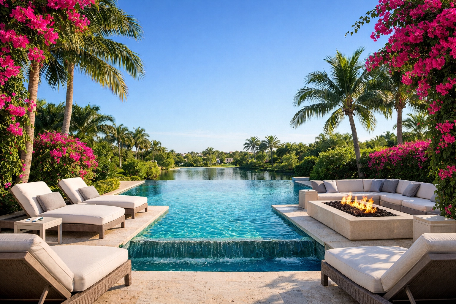Luxury backyard oasis with an infinity pool and tropical landscaping in Palm Beach Gardens.