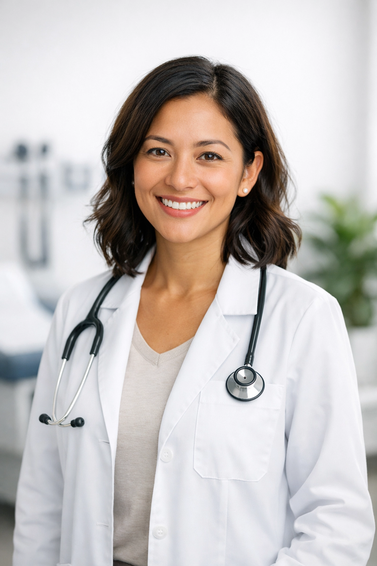 A smiling medical provider in a modern California clinic representing professional telemedicine services.