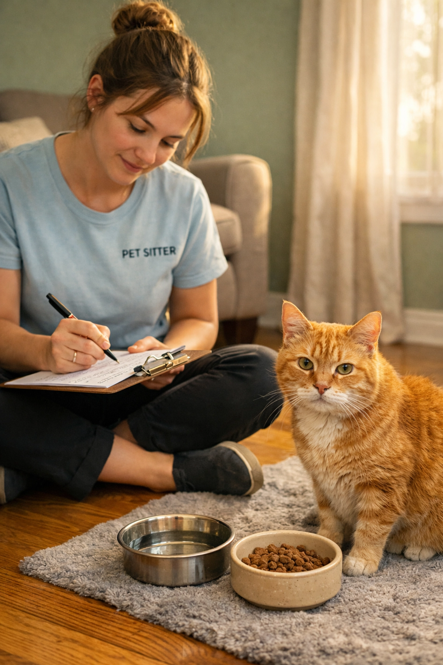 Professional cat sitter documenting visit notes while observing senior orange cat