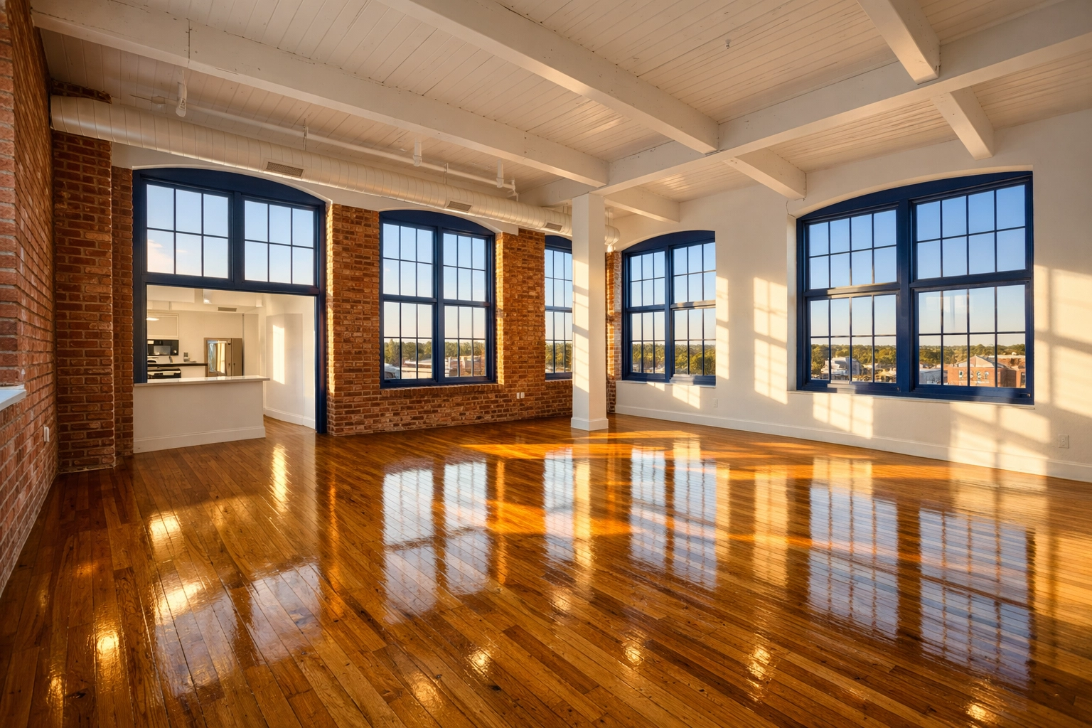 Spotless renovated Lowell mill loft featuring gleaming hardwood floors after a move-in/move-out cleaning Lowell.