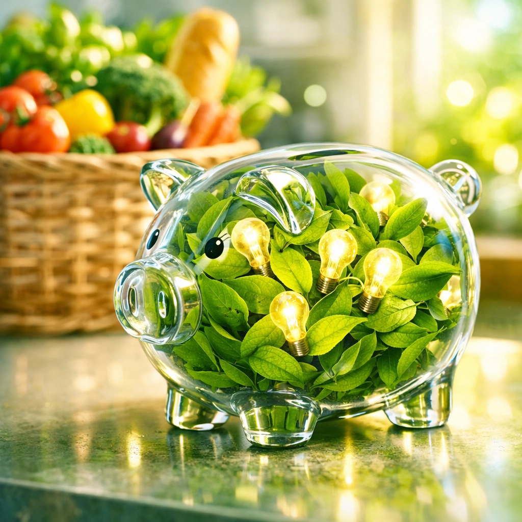 A glass piggy bank with leaves and light bulbs symbolizing energy savings and growing an emergency fund.