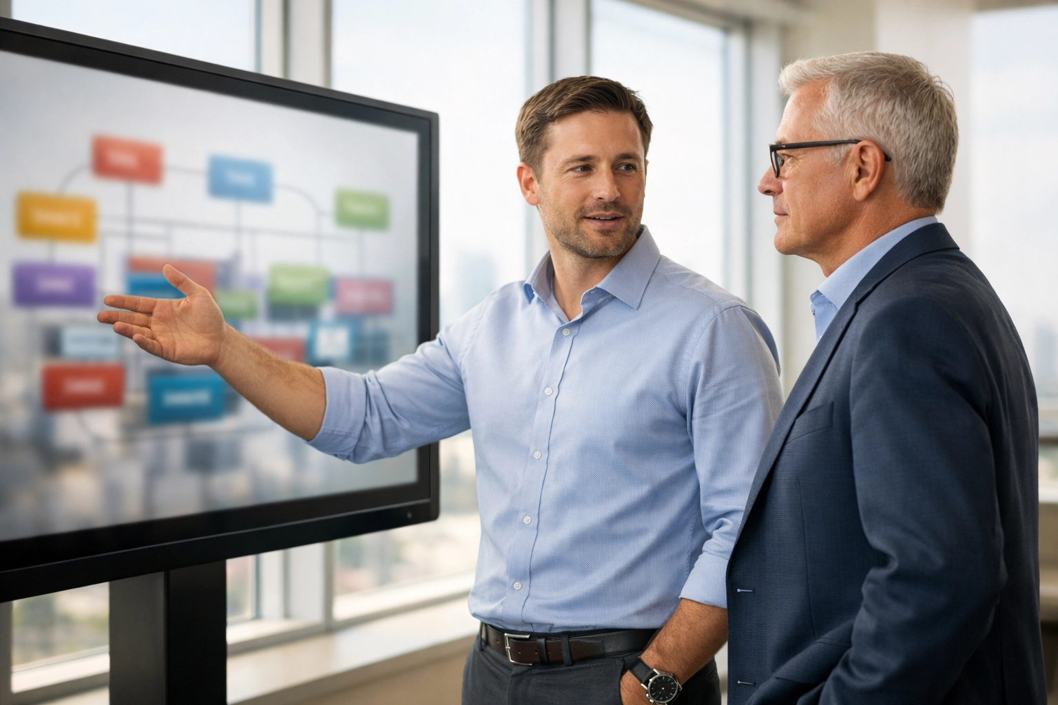 ServiceNow consulting services expert and executive discussing ITOM implementation strategy in a modern office.