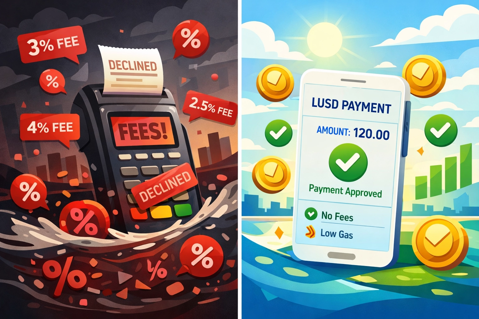 Comparison of high traditional merchant interchange fees versus low LUSD stablecoin payment costs