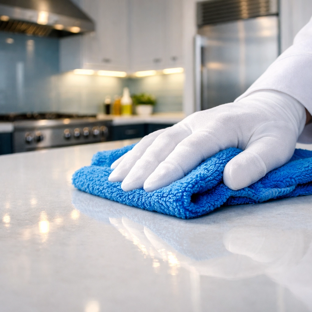 Professional deep cleaning services in a luxury Boston kitchen using a microfiber cloth on a quartz counter.