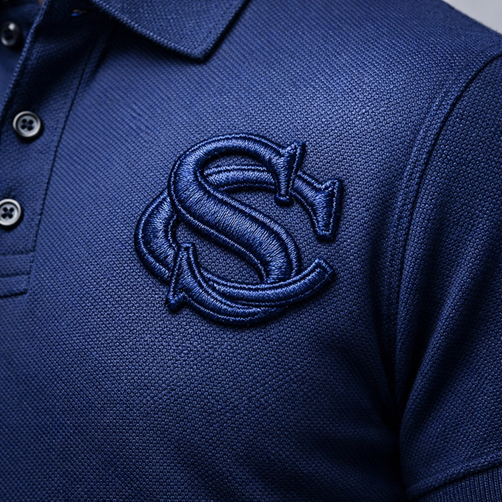 Close-up of a professional navy blue polo shirt with high-quality custom embroidery for business branding.