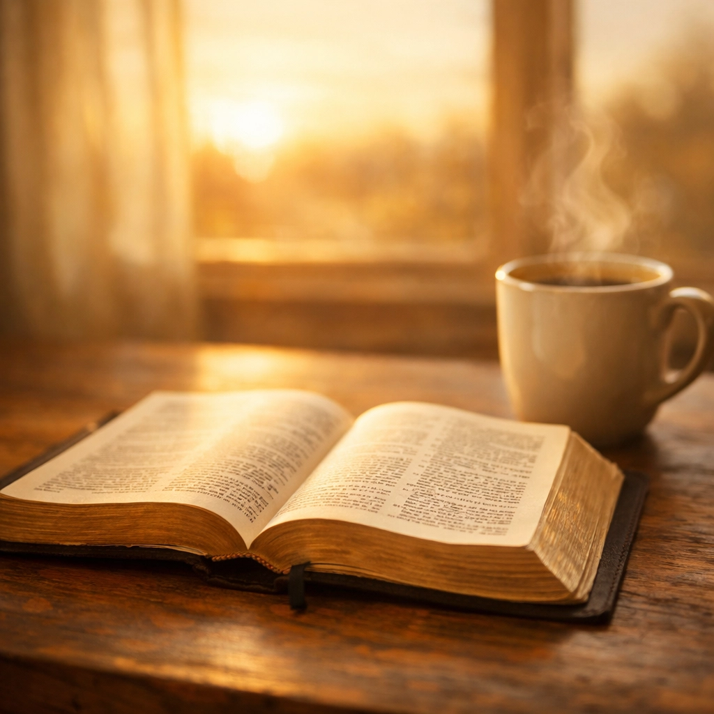 Open Bible with morning coffee representing calm biblical perspective on current events
