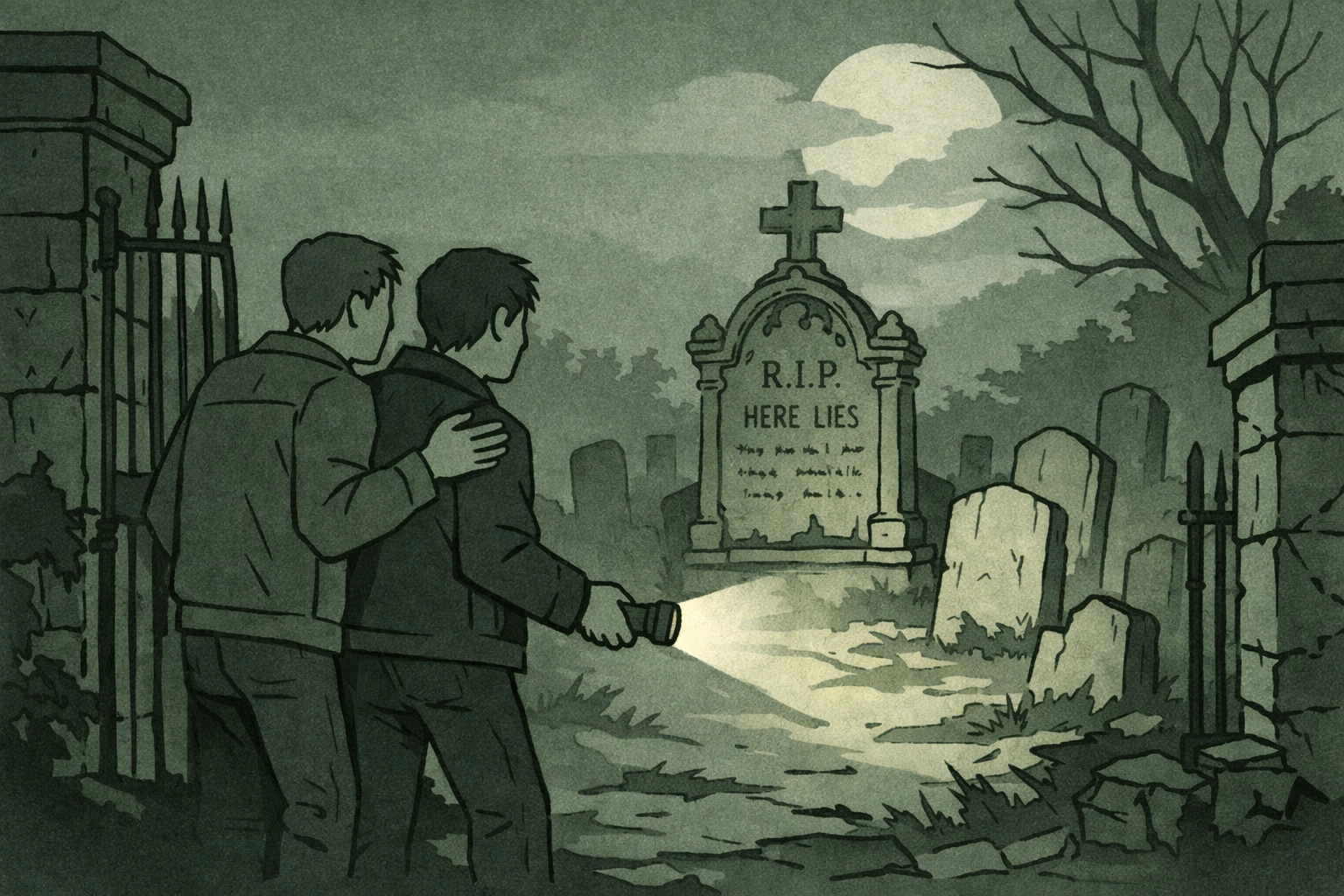 Two men at haunted cemetery entrance at midnight - gay supernatural horror thriller scene