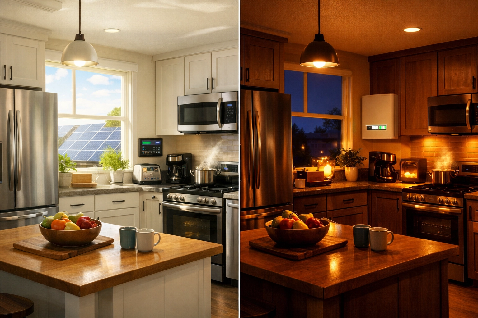 Kitchen powered by solar during day and battery storage at night showing energy independence