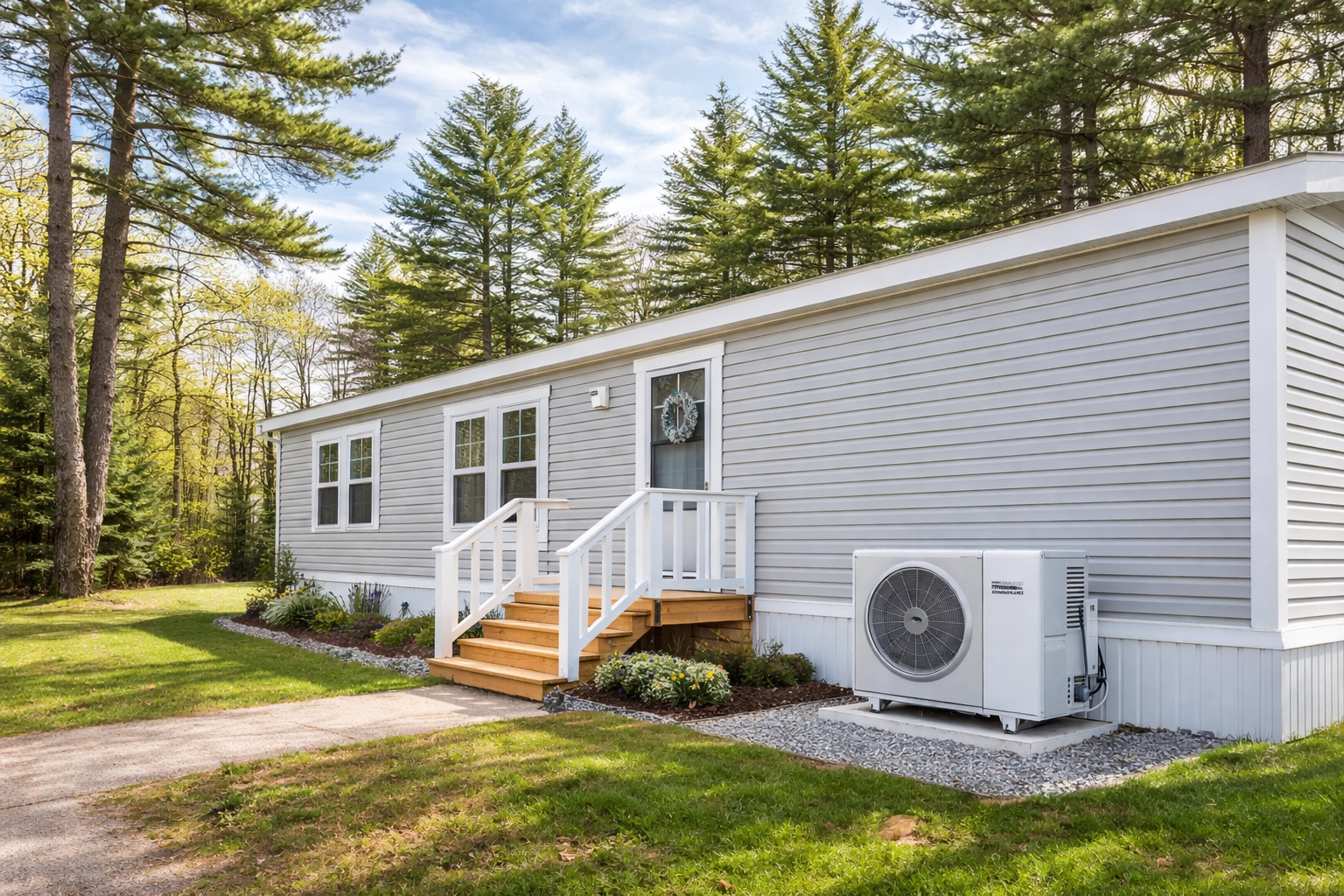 Manufactured Maine mobile home with an outdoor heat pump unit, highlighting rebate eligibility