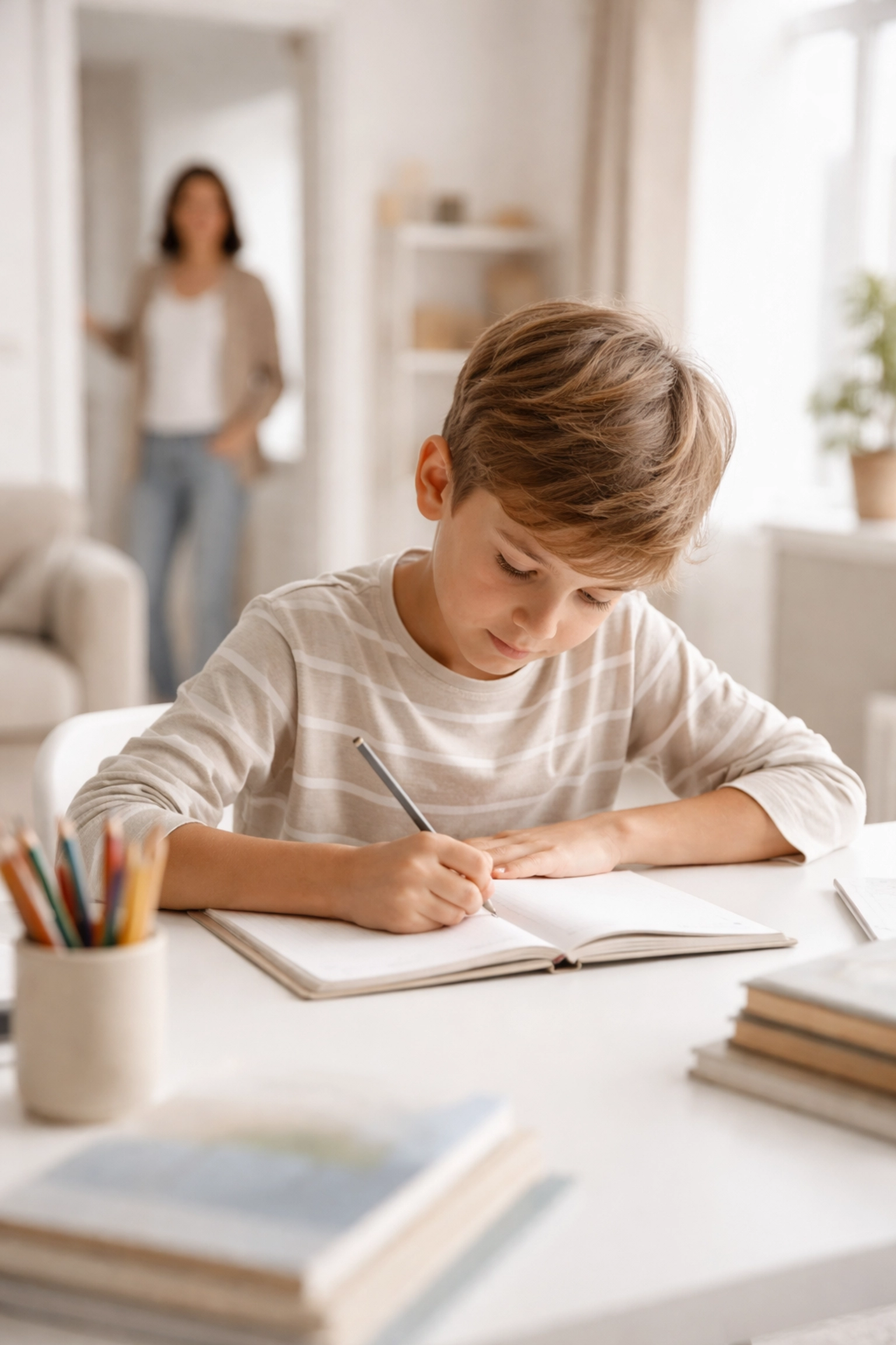 Kind werkt zelfstandig geconcentreerd aan huiswerk terwijl ouder op de achtergrond beschikbaar is
