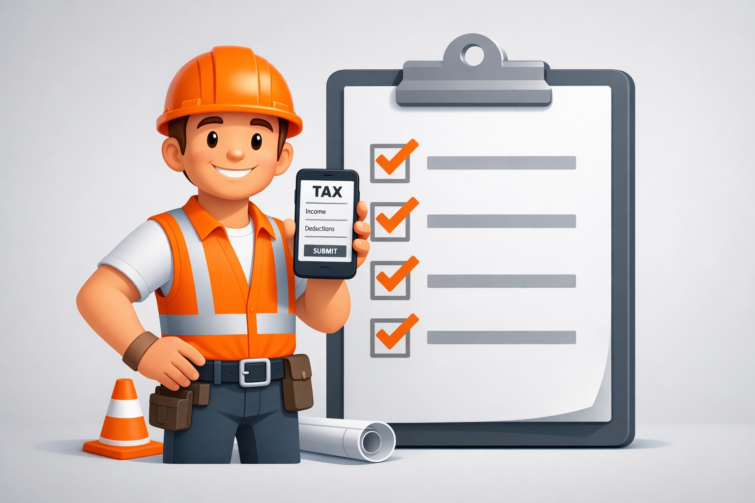 Construction worker checking CIS compliance checklist on smartphone for tax refund