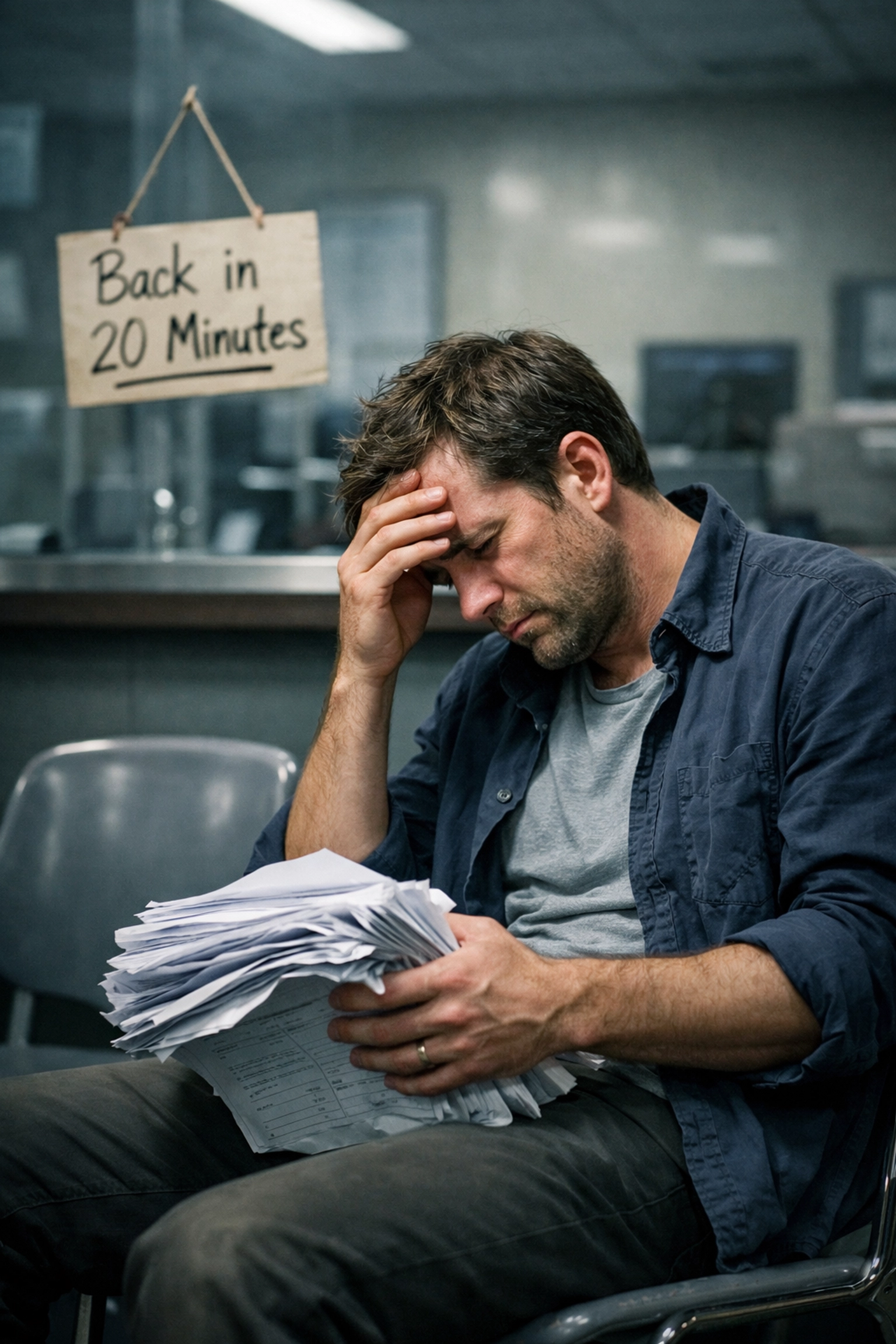Frustrated man waiting for a notary in a bank lobby, illustrating the hassle of traditional notary services.
