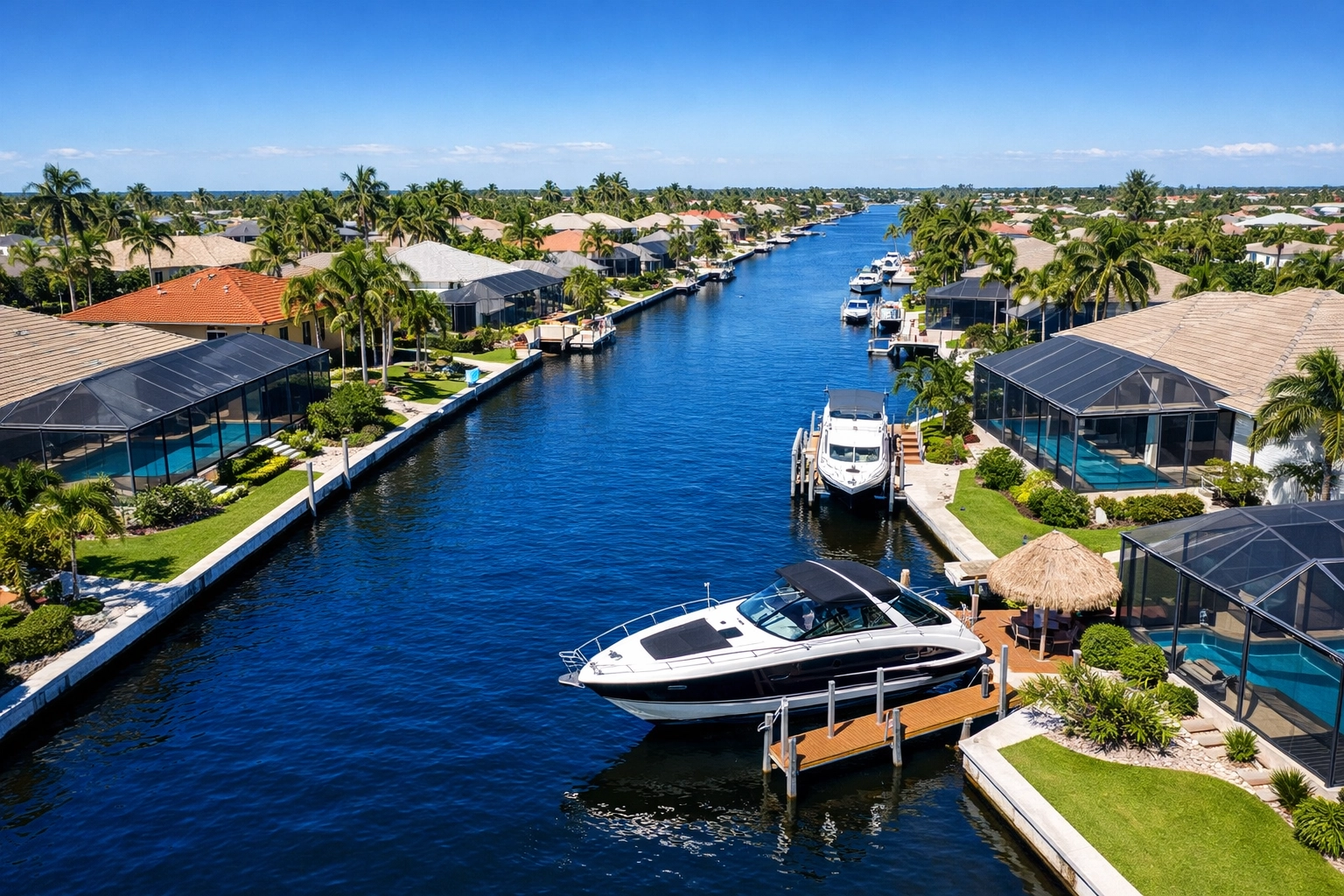 Aerial view of Cape Coral waterfront homes on saltwater canals with private boat docks.