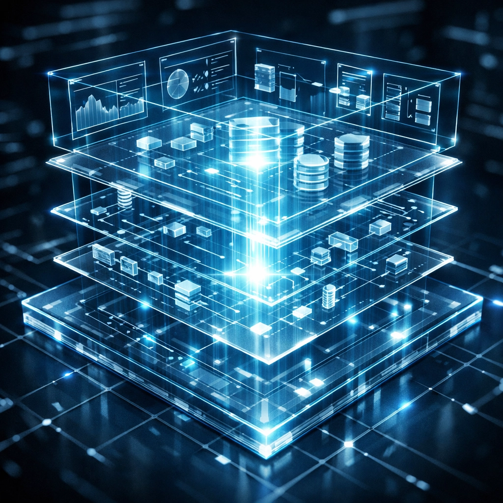 A glowing digital blueprint of custom software architecture for strategic AI workflow automation and governance.