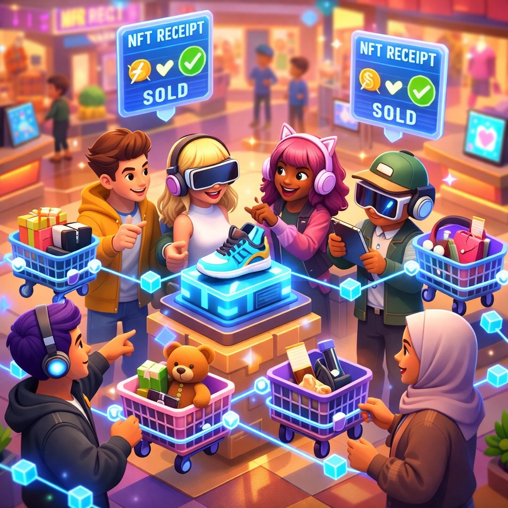 Avatars shopping together in virtual metaverse mall with shared carts and NFT receipt blockchain integration