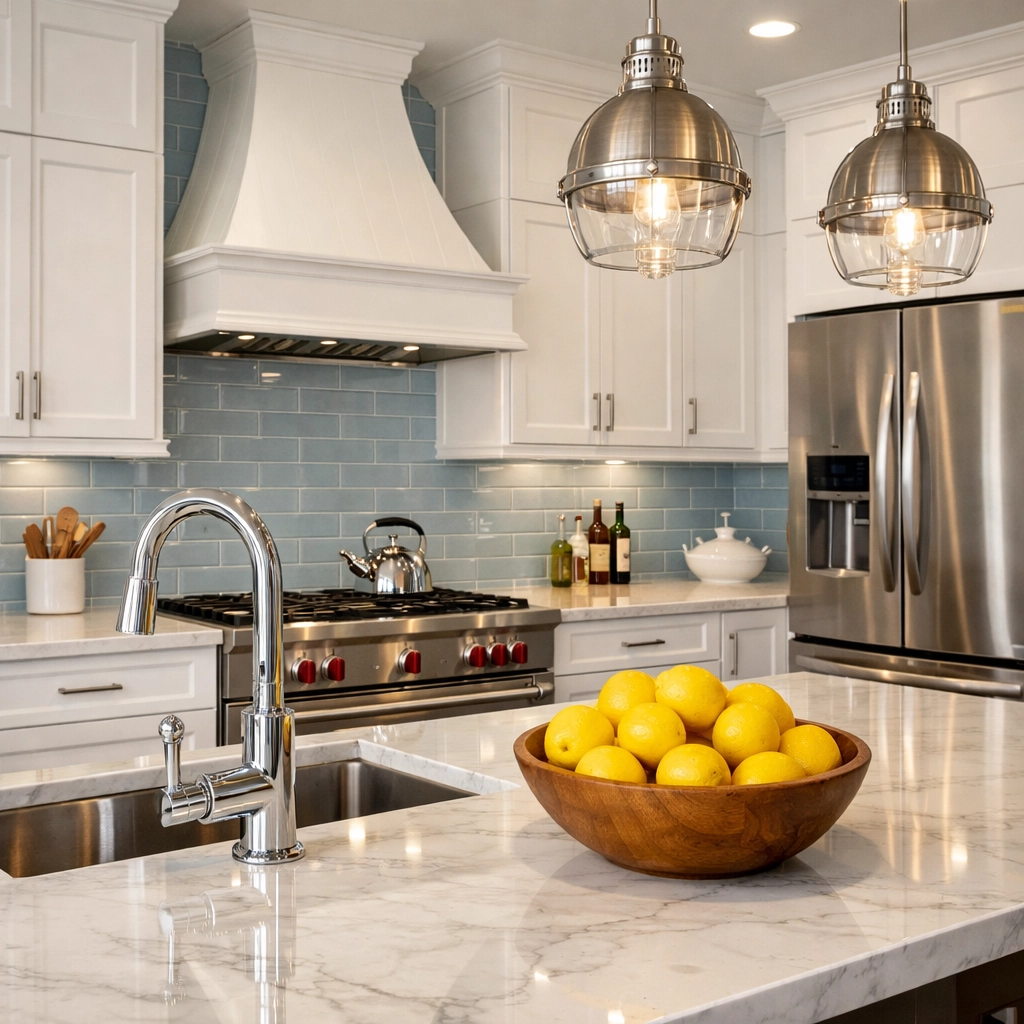 Sparkling modern farmhouse kitchen with white cabinets and marble counters in Groton, MA.