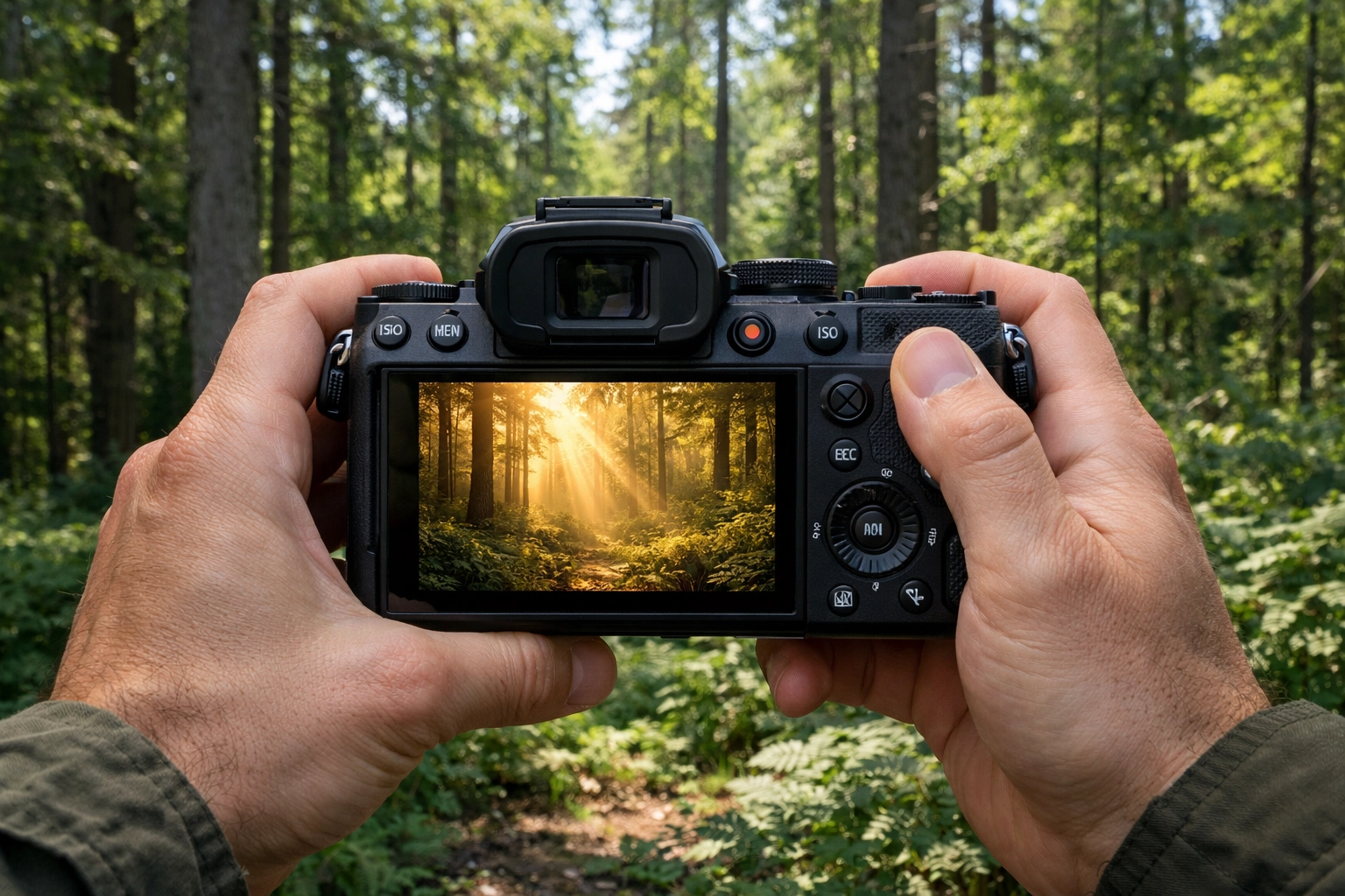Mirrorless camera viewfinder showing real-time AI image enhancement in a lush green forest.