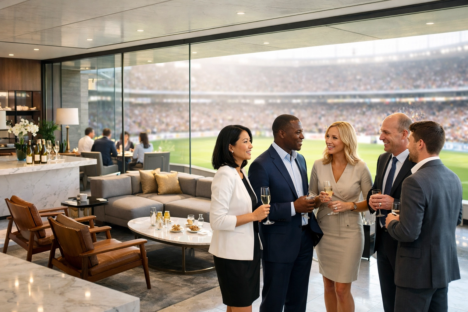 Executives in a luxury Super Bowl hospitality suite focusing on authentic brand connection and corporate presence.