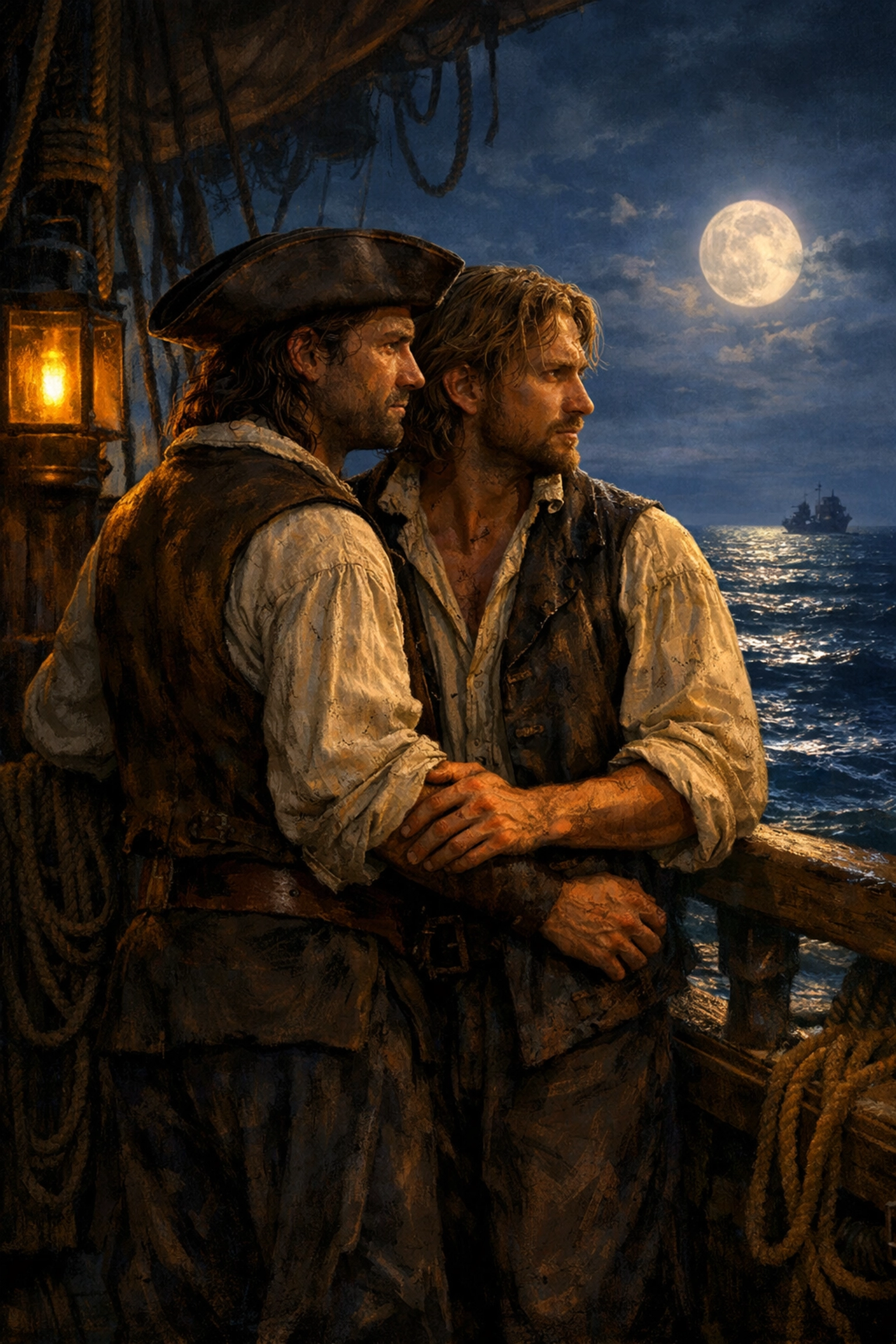 Two 18th-century sailors on a ship deck representing gay historical romance and maritime queer history.