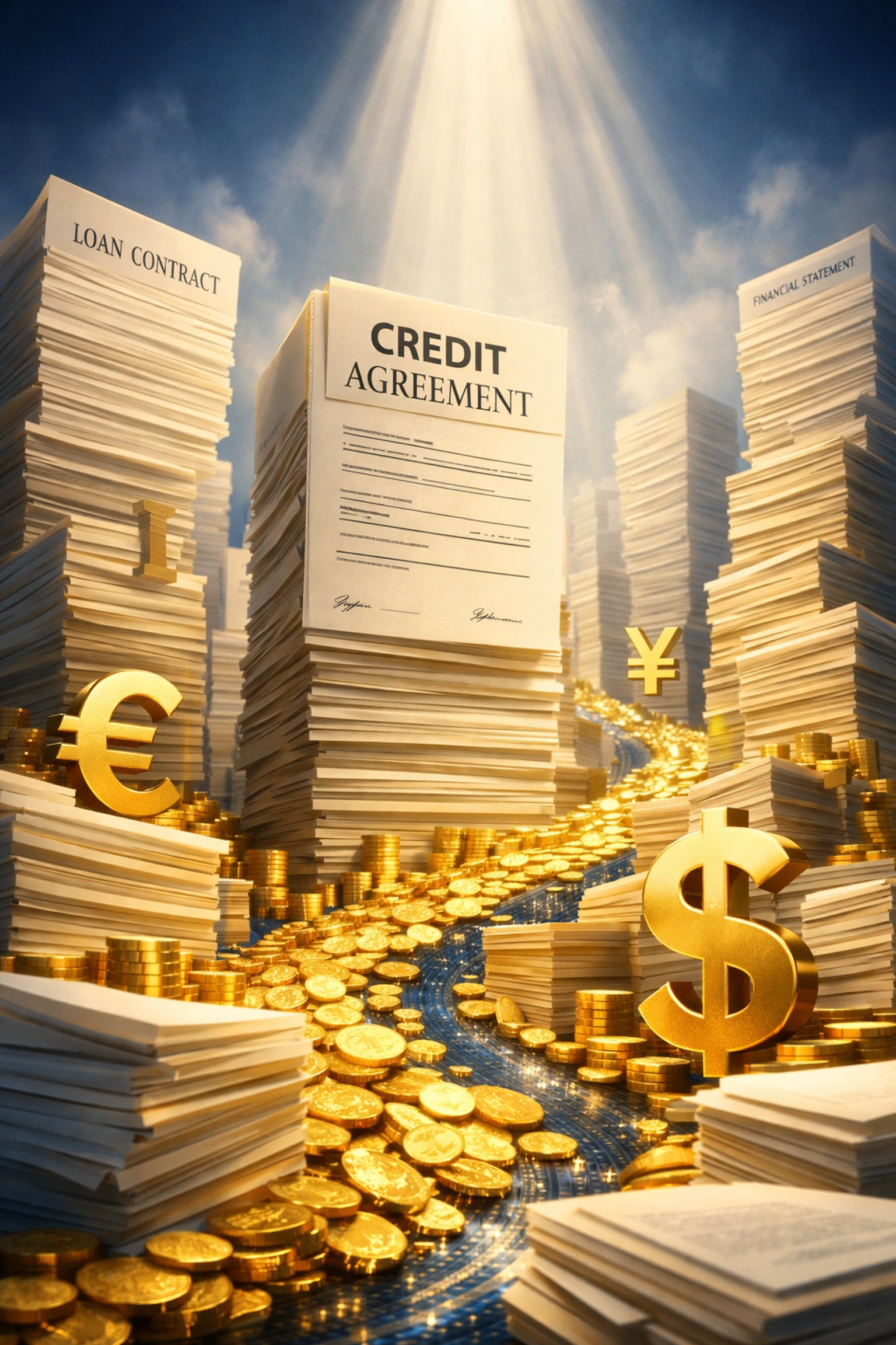 Private credit market represented as stacked financial documents and loan agreements