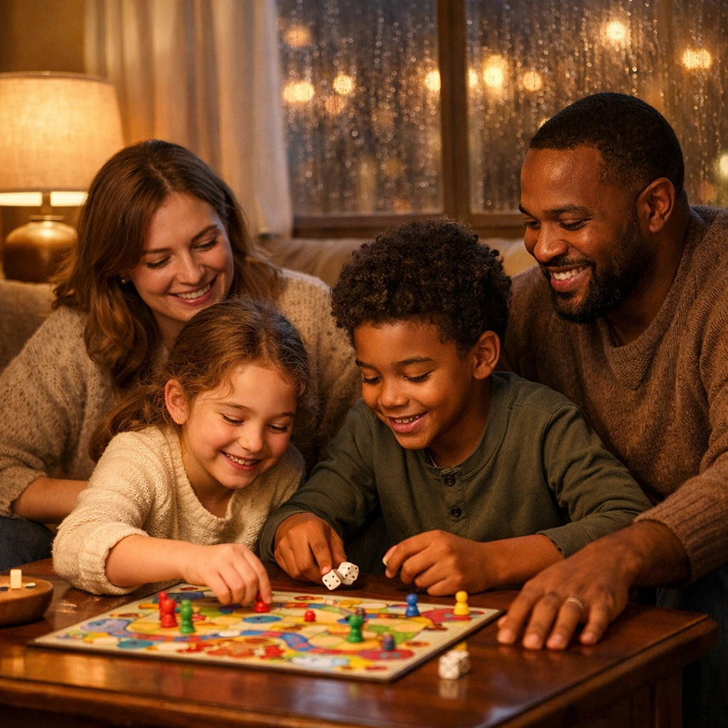 Gezin speelt samen bordspel op bank tijdens gezellige spelletjesavond thuis