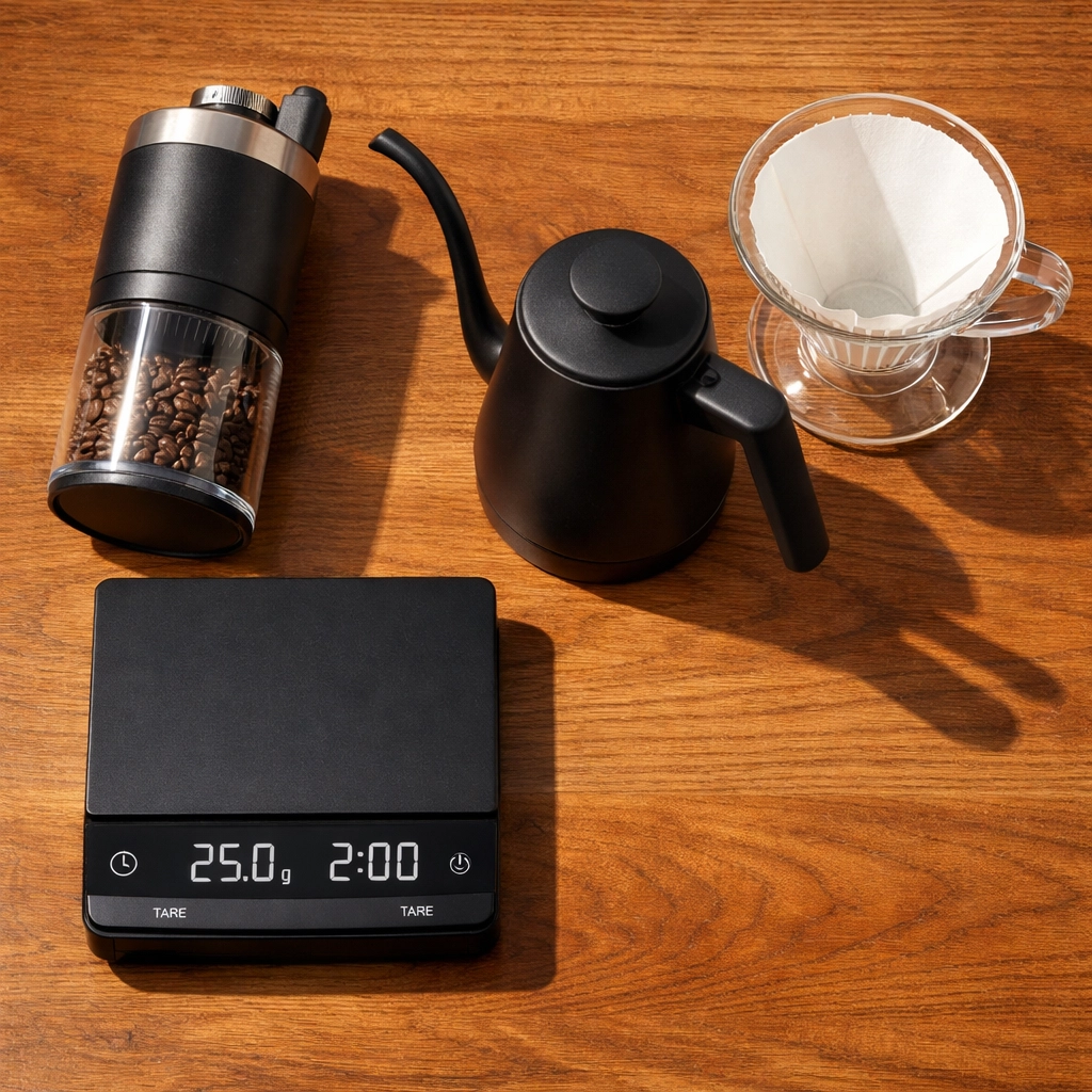 Home coffee brewing essentials: burr grinder, digital scale, kettle, and pour-over dripper